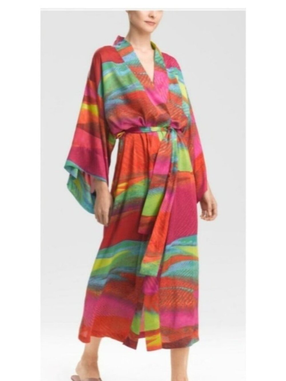 Natori Kimono Watercolor Long Robe Sz L  Multicolor Resortwear Artistic SIlky
